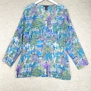 French Postcards‎ Blouse Women Medium Blue Sheer Cityscape Sequin Tunic Top